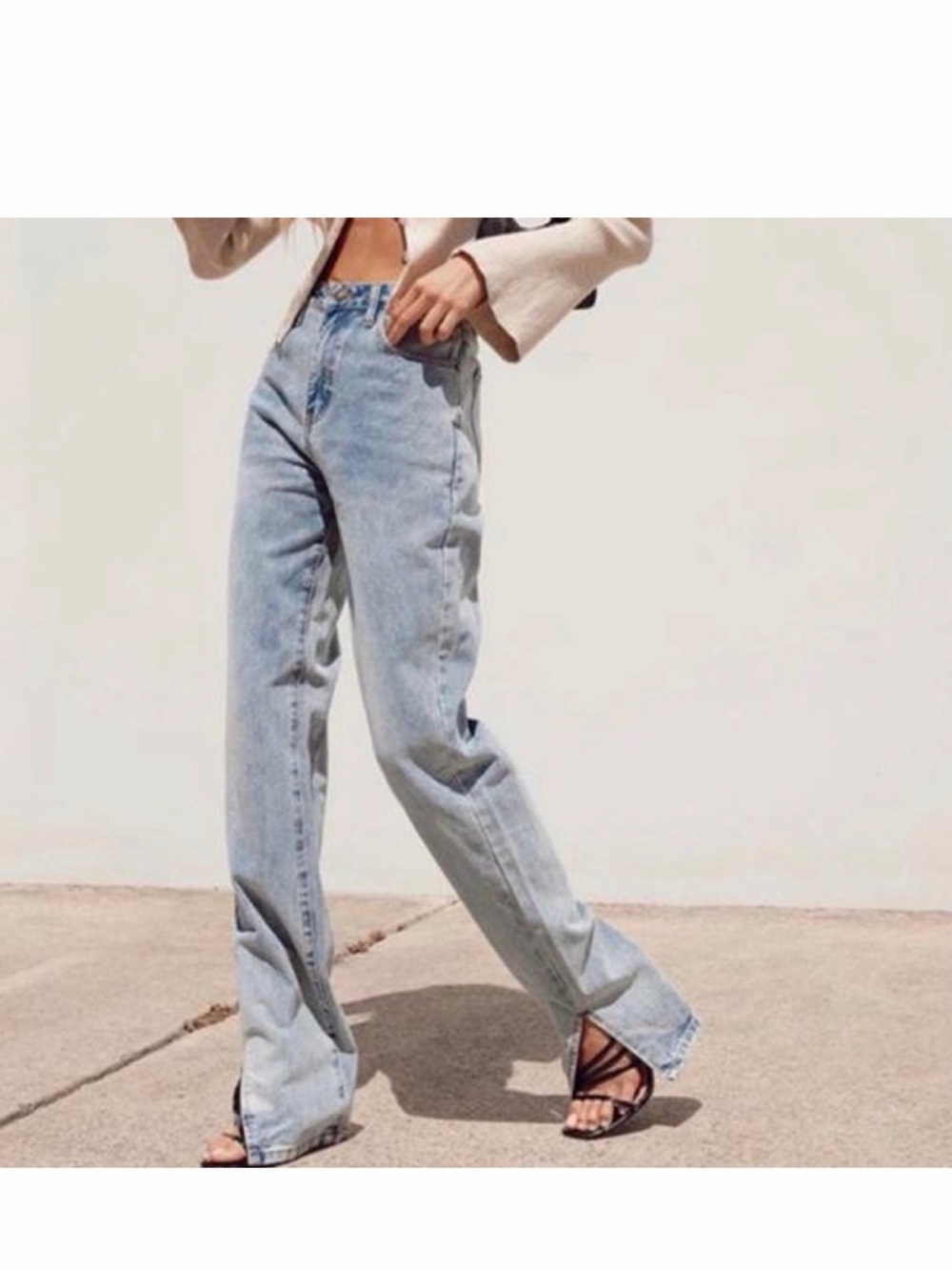 lioness split hem taper slim leg high rise blue distressed jeans pants straight